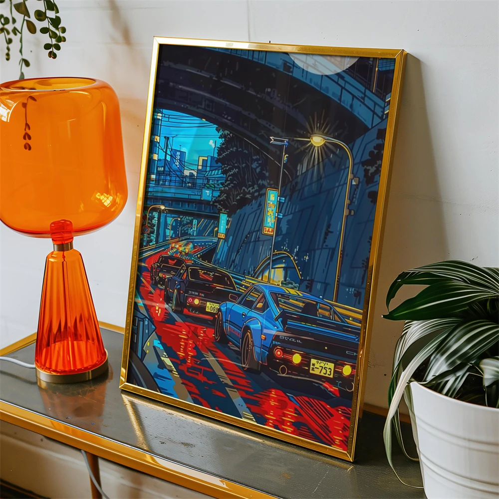 Tokyo Drifting Car Poster Anime Inspired Wall Art Prints Modern Ukiyo-e Styled Canvas Painting Japanese Home Decor Print