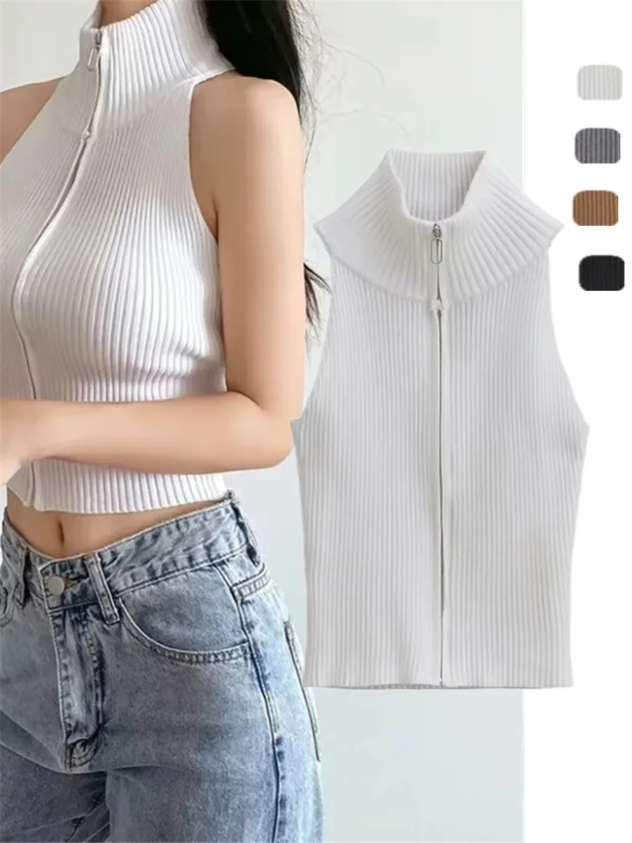 Kołnierz z zamkiem błyskawicznym w stylu Spicy Girl, wysoki dekolt, dzianinowa kamizelka z odkrytymi ramionami, dopasowany krój, styl uliczny, czysty styl C...