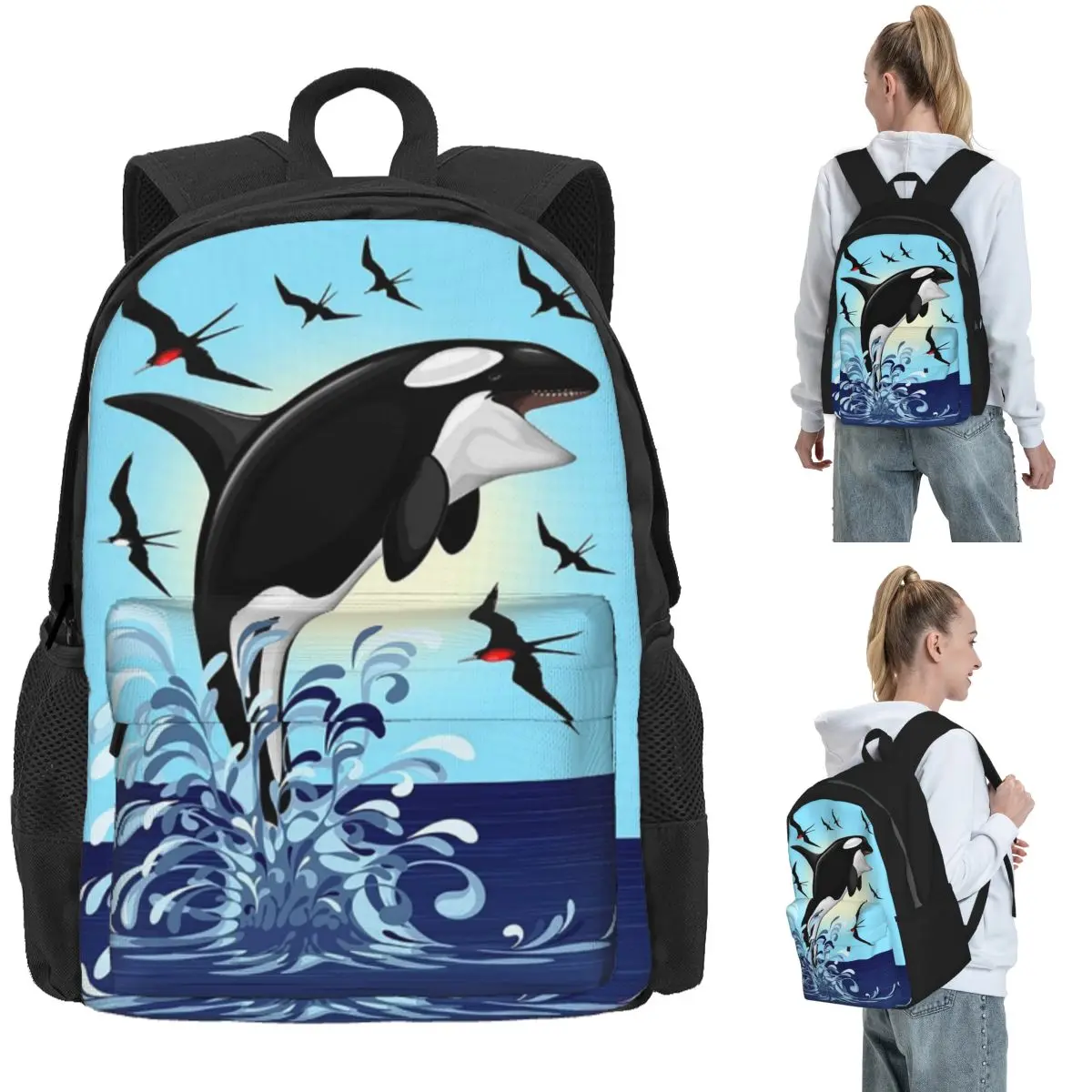 Orca Killer Whale Jumping Out The Ocean Rucksack, Tagesrucksack, großes Fassungsvermögen, Kinder-Büchertasche, Schultasche, Umhängetaschen für Männer und Frauen