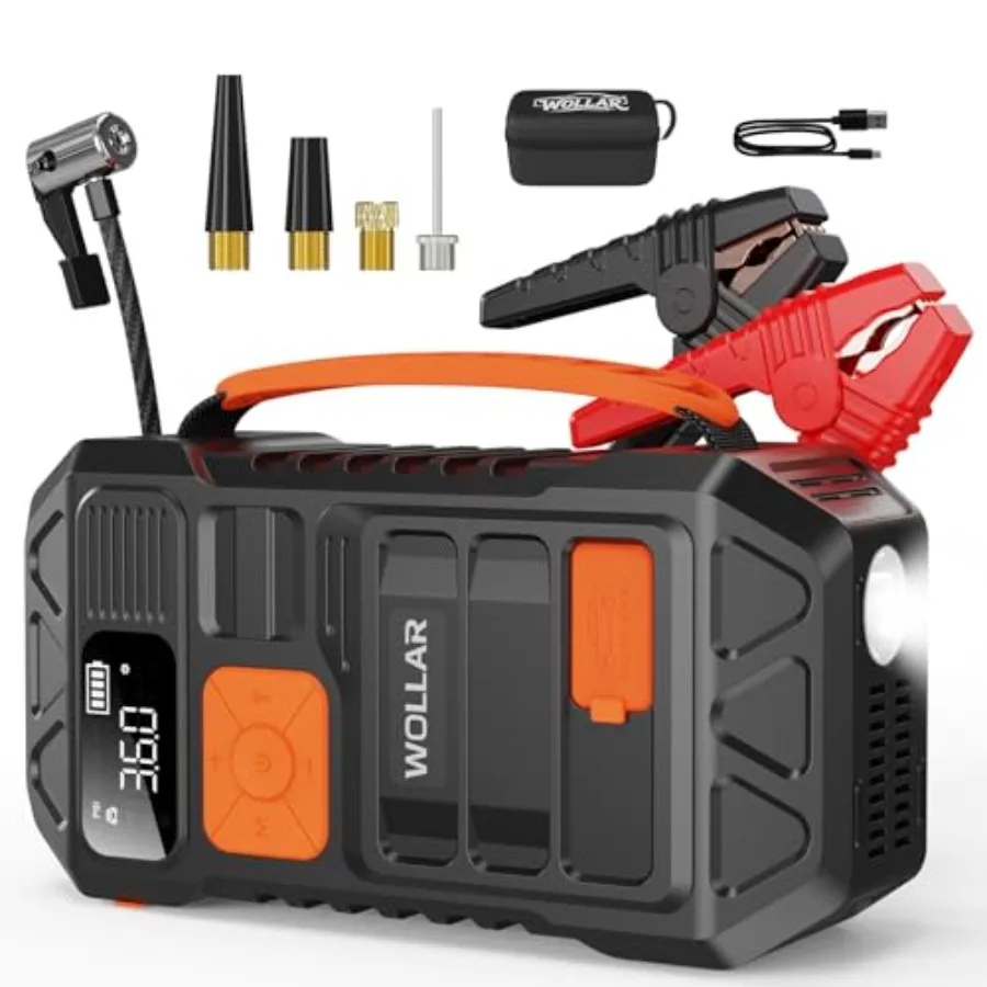 

Car battery jump starter with air compressor for 10L gas/diesel engines, ABS plastic, black, 4000A peak current, 12V, 160PSI du