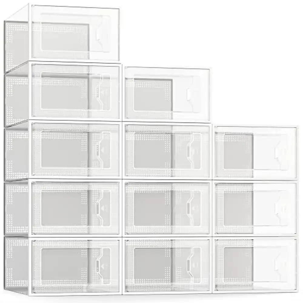 Stackable Shoe Organizer Clear Plastic Large 12 Pack Shoe Storage Box Closet Organizer Foldable Rack Container Breathable Shoe