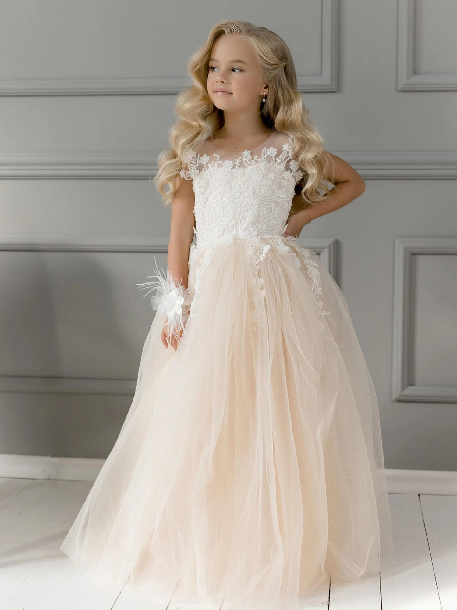 2022 Tulle Lace Flower Girl Dresses For Wedding Bridesmaid Kids Baby Children Long Princess Party First Communion Evening Dress