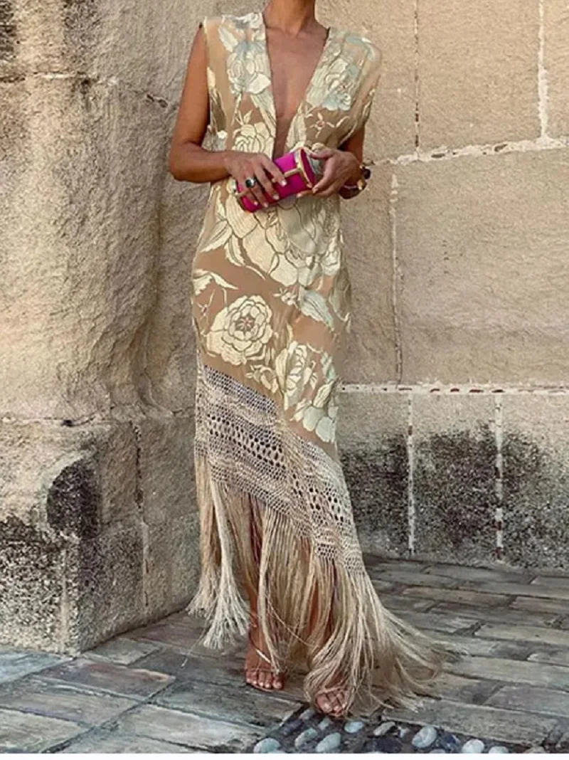 

High Quality Sexy Formal Long Dress Floral Print Plunging Neck Tassel Fringe Sleeveless Maxi Dress