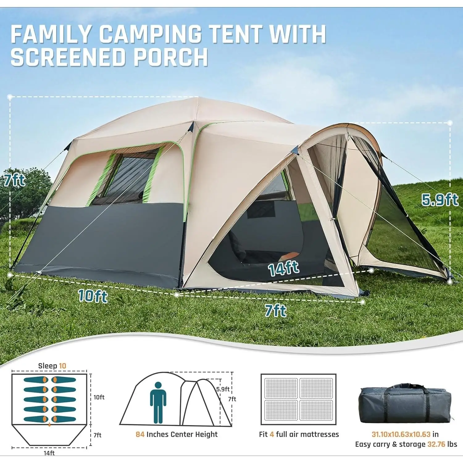 خيمة YOU_Tents للتخييم تتسع لـ 6/10 أشخاص مع شرفة شاشة، خيمة كابينة كبيرة مقاومة للطقس مع حقيبة مطر وحقيبة حمل،