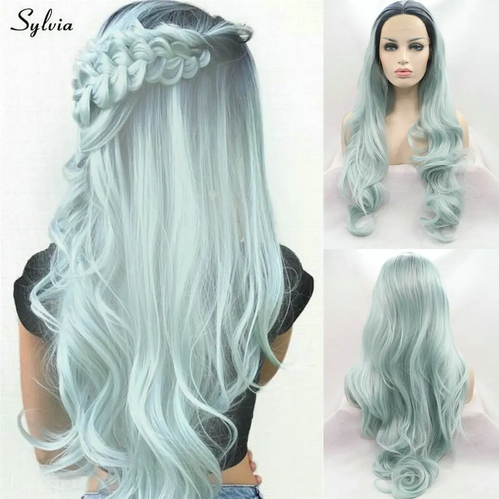 

Sylvia Ombre Pastel Blue Lace Front Wigs for Women Long Wavy Synthetic Wig Heat Resistant Fiber with Middle Parting Dark Roots