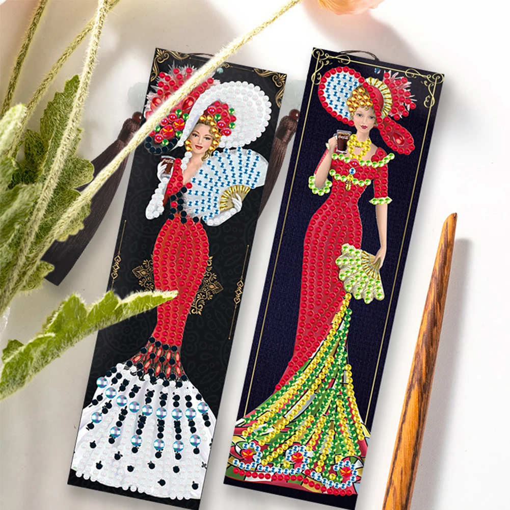 2pcs DIY Diamond Painting Leather Bookmark Lady Mosaic Craft Handmade Art Gifts