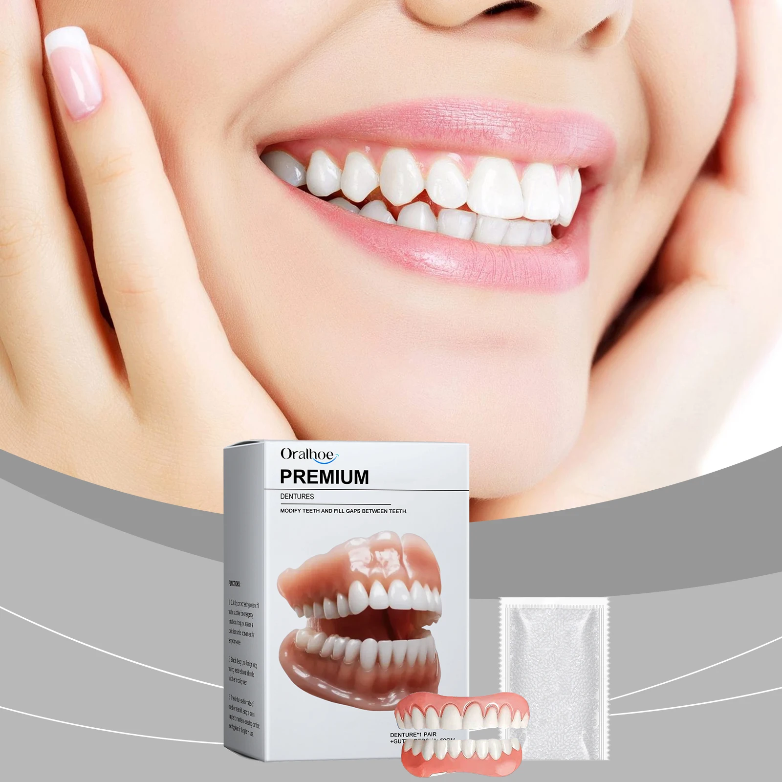 Conjunto completo de dentaduras de silicone macio, aumenta a capacidade de mastigação, melhora a perda escura dos dentes, aparelho ortodôntico temporário, dentes falsos para comer