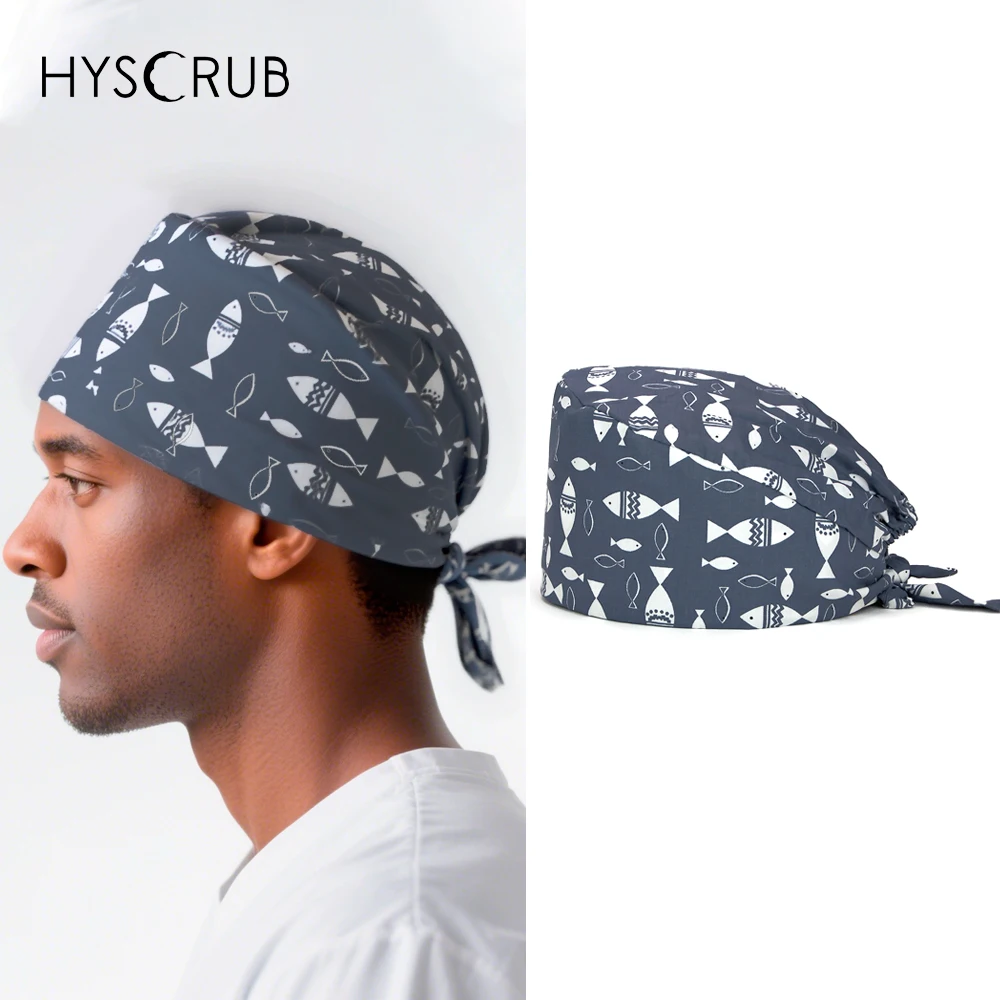 Fish pattern printed operating room work cap with sweatband scrub hat medical dental scrub cap