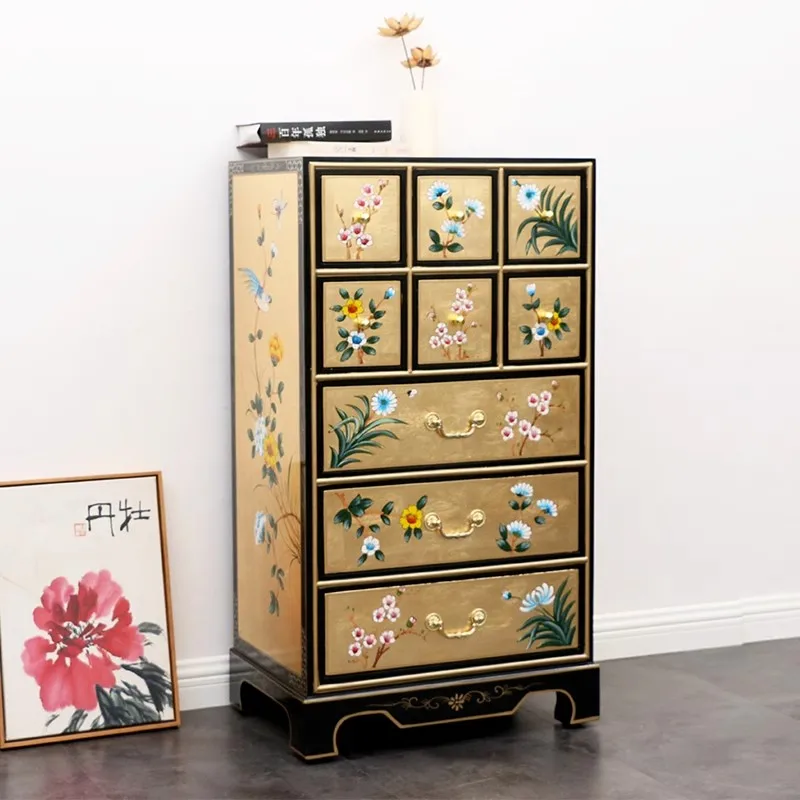 

!@American Style Nine-Drawer Chest of Drawers Gold Foil Floral Design Painted Wood Bedroom Furniture for Living Room