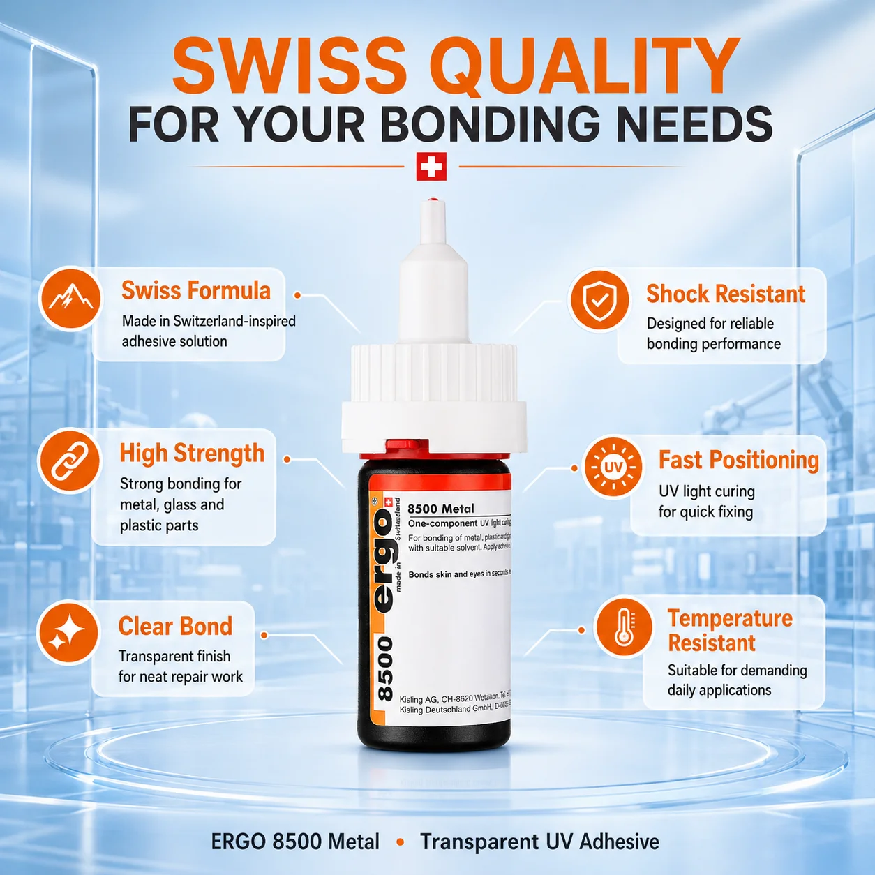 ERGO 8500 Metal Transparent UV Adhesive Fast Cure High Strength Clear Bond For Metal, Glass, Acrylic Bonding & Repair 20g