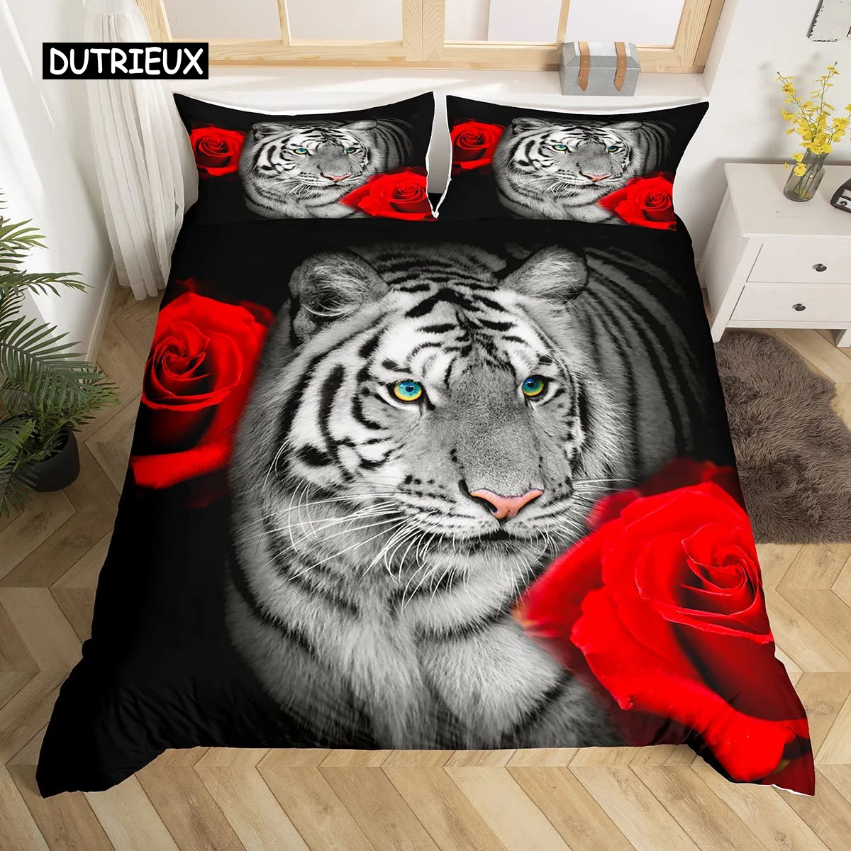 

Tiger Duvet Cover Set Red Rose Flower Africa Big Cat Comforter Cover Set Animal Themed 2/3Pcs Queen Size Bedding Set for Boys