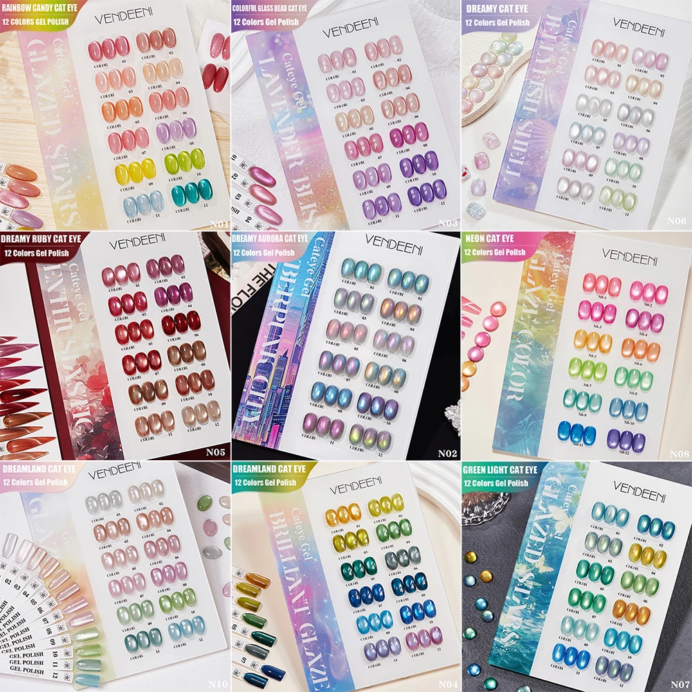 

Vendeeni 12 Colors/Set Crystal Cat Eye Gel Nail Polish Magnetic UV Soak Off Gel Varnish Red Purple Neon Cat Eye Gel With Display