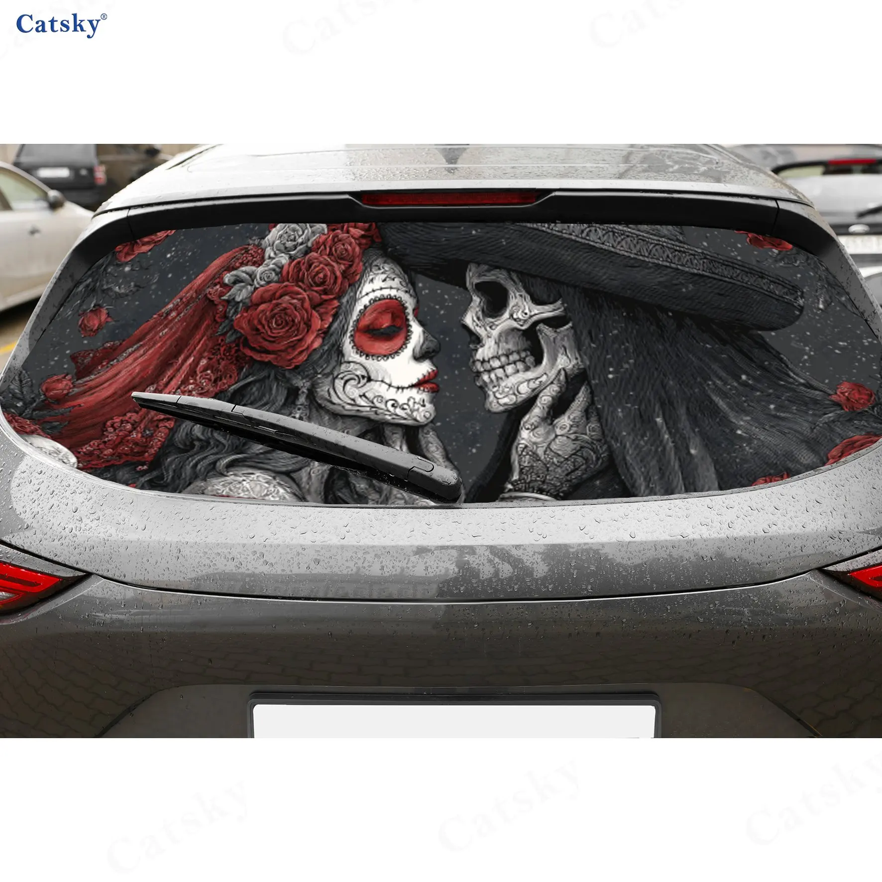 

Mexican Folk Skull Romantic Charm PVC Perforated Car Vinyl Wraps, Durable Car Rear Windshield Sticker, Waterproof Car Rear Windo