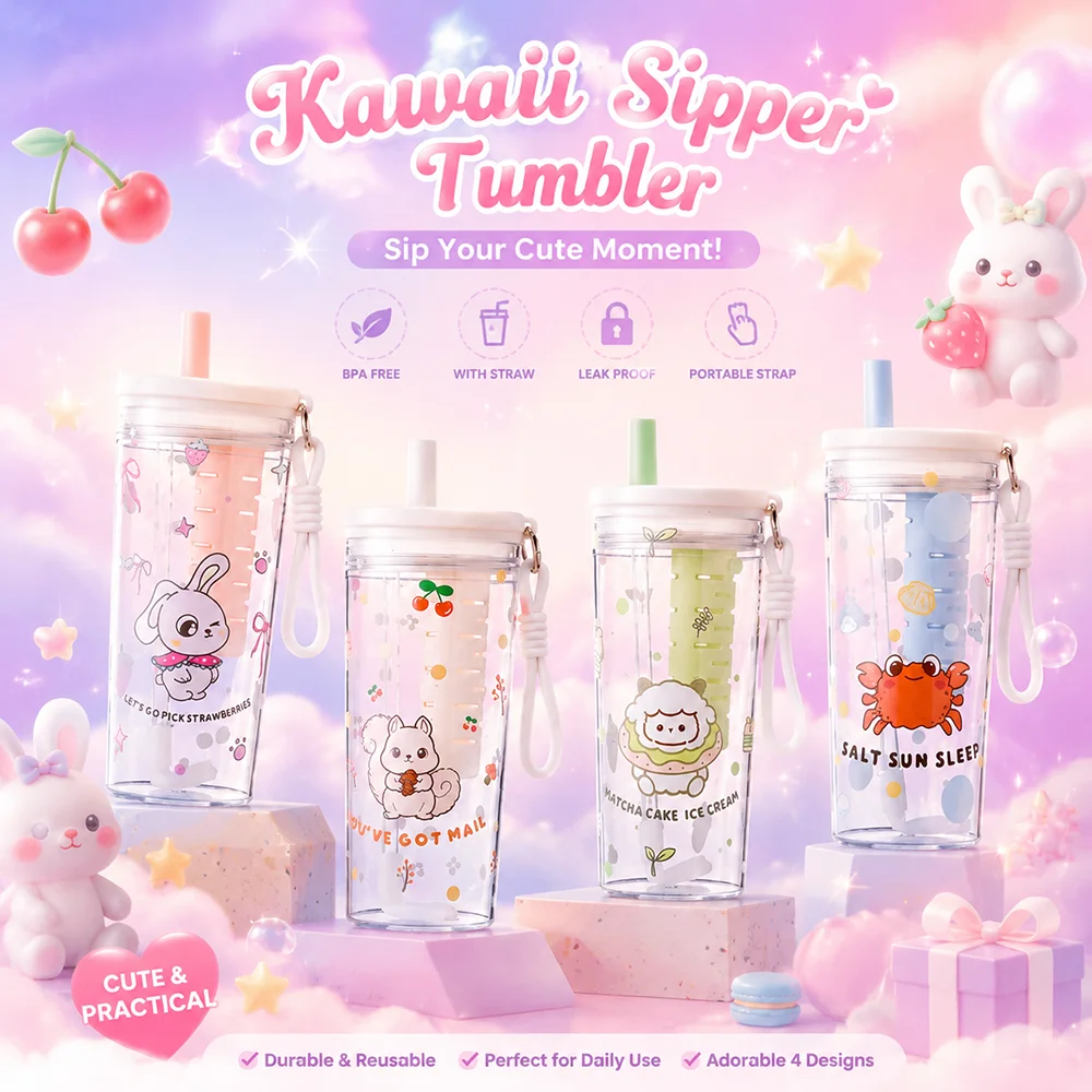 750ML Cute Kawaii Straw Tumbler with Lid and Straw Portable Leakproof Plastic Water Cup Girls Daily Drink Bottle Holiday Gifts