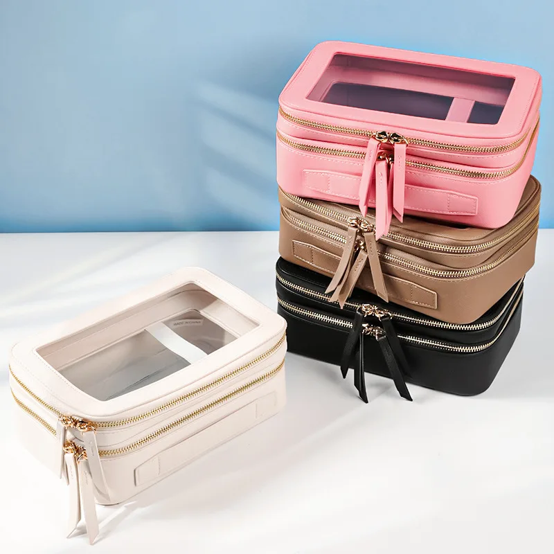 Double Zipper Layer Saffiano Leather Makeup Organizer Toiletry Storage Bag Clear PVC Transparent Cosmetic Bag For Travel