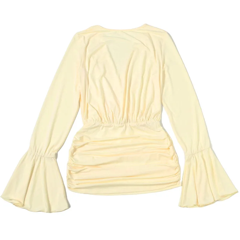 Patchwork Schärpen Kleid Frauen Geraffte Elegante Dünne Flare Hülse Kreuz v-ausschnitt Solide Unregelmäßige Einfache Trend Mini Bodycon