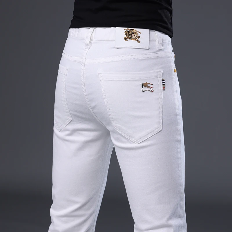 

White Slim Fit Stretchy Jeans Men's Casual Spring New Style Trendy Brand Versatile Comfortable Long Pants Cotton Elastic Denim