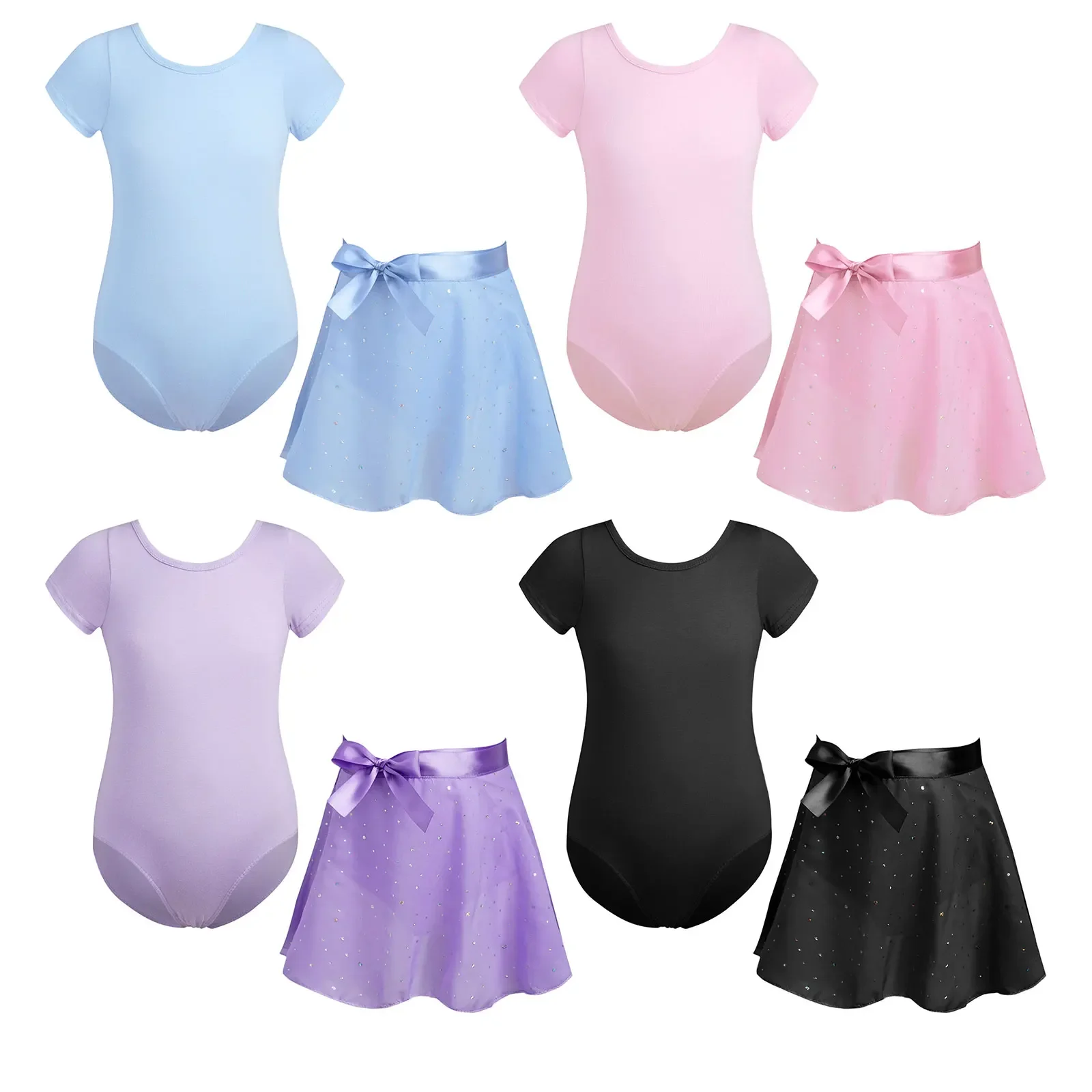 Costumes de danse 2 pièces pour enfants filles, justaucorps de Ballet à dos croisé avec jupe portefeuille à nouer soi-même, ensemble pour spectacle de pratique de base en équipe