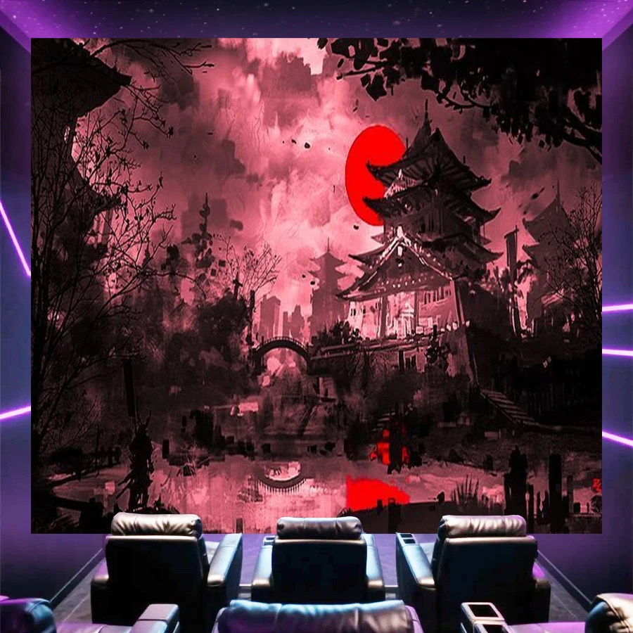 Tapiz de arquitectura japonesa Red Red Moon, estilo de arte oscuro, tela suave para fondo de pared para decoración de sala de estar y dormitorio