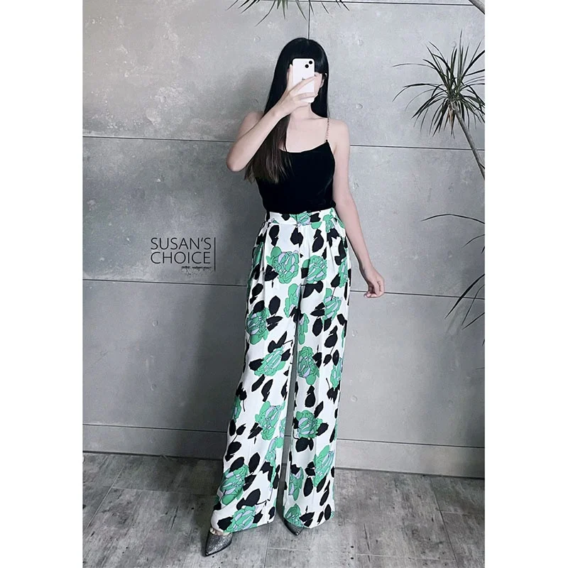 

Loose een Printed Wide Leg Pants Women's Classic Sle Casual Trousers Elastic Waist Loose Fit Long Pants Autumn 2023