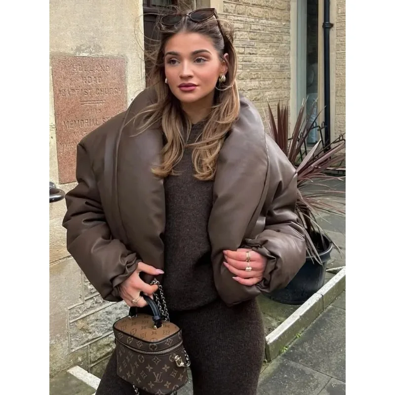 

Thicken Warm Puffy Short Leather Jacket Women Loose Long Sleeve Lapel Pockets Coat Autumn Winter New Lady Street Outwear