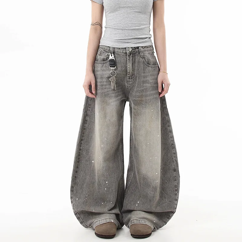 American Streetwear Flare Jeans for Women - Loose High-Waisted Flared Denim Pants with Washed Effect Spring  Summer New Design