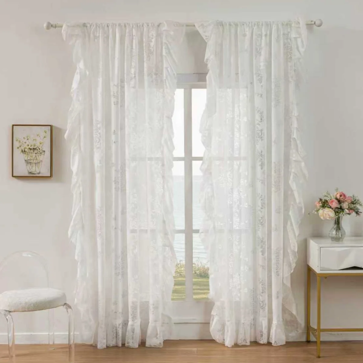 French Vintage Lace Curtain, Princess Style, Hollow Out Design, Easy Installation, Home Decor for Living Room, Bedroom, Balcony