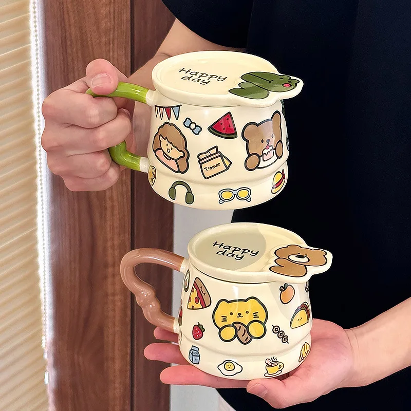 Cute Cartoon Animal Graffiti Ceramic Mug, High-value Office Coffee Mugs with Lid, Home Couple Tea Cup, Holiday Gift Kawaii Cup