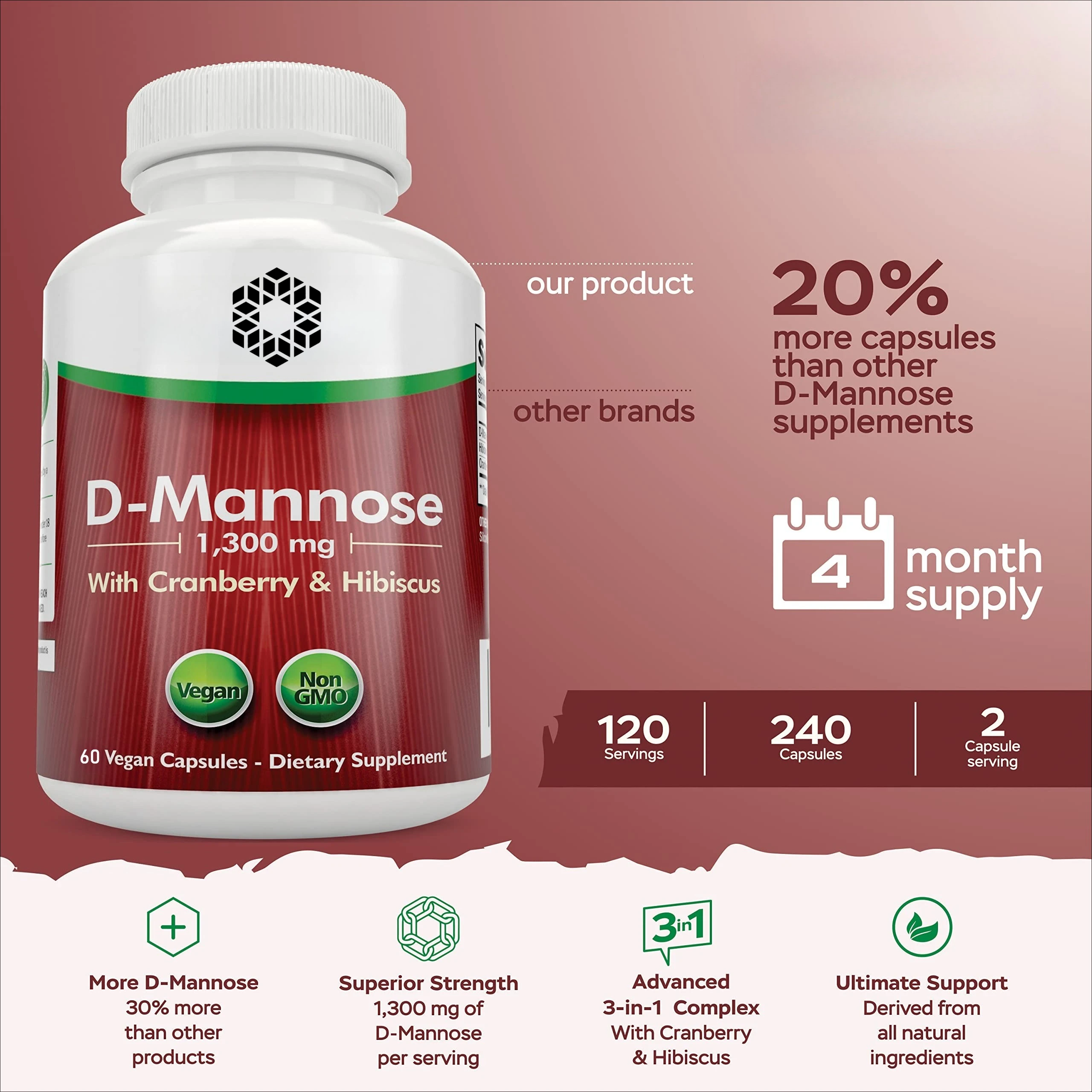 D-Mannose Capsules - with  Cranberry Extract - Cleanses, Detoxifies, Supports Urinary Tract Health