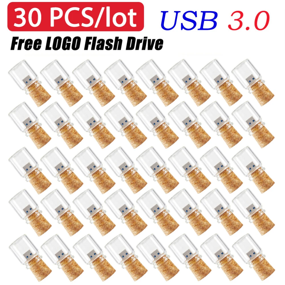 30pcs Free Custom Logo 3.0 Usb Memory Stick Glass Drift Bottle Usb Flash Drives Wooden Cork Pendrive 16GB 32GB 64GB U Disk