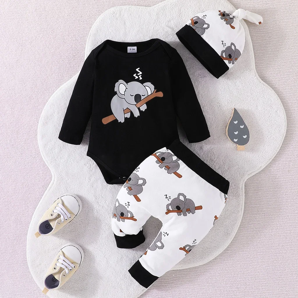 Clothing Set For Kid Unisex 0-18 Months Long Sleeve Cartoon Cute Koala Romper and Pant with Hat Outfit For Newborn Baby Boy Girl