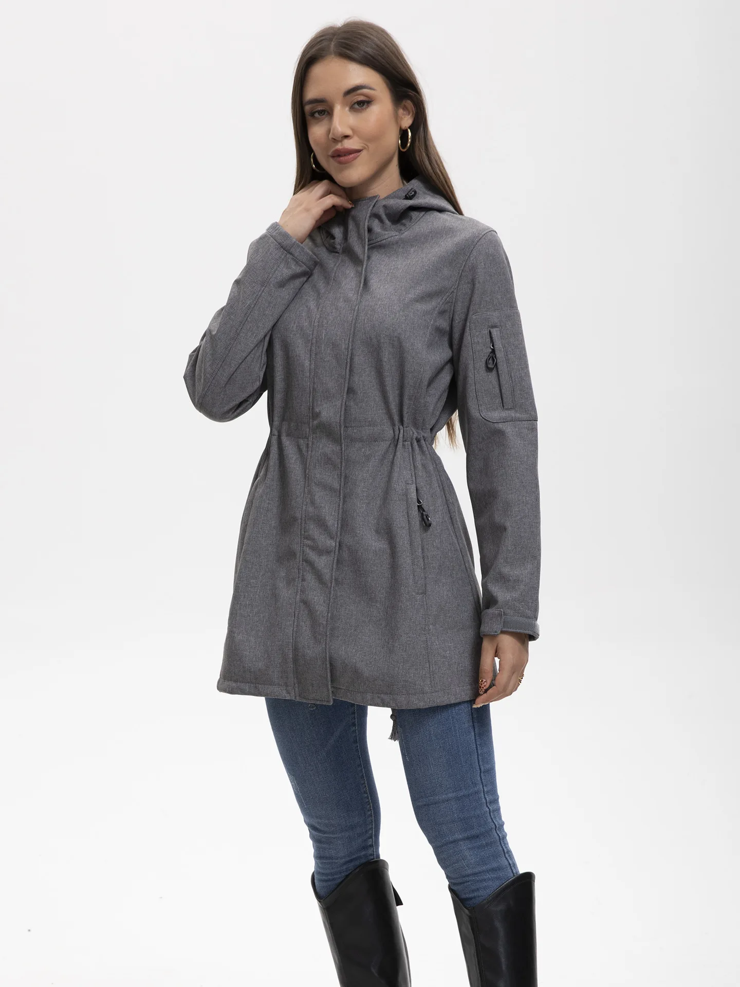 Women's Hooded Multi-Pocket Windbreaker Fleece Jacket European-Style Fashionable Autumn Winter Wear