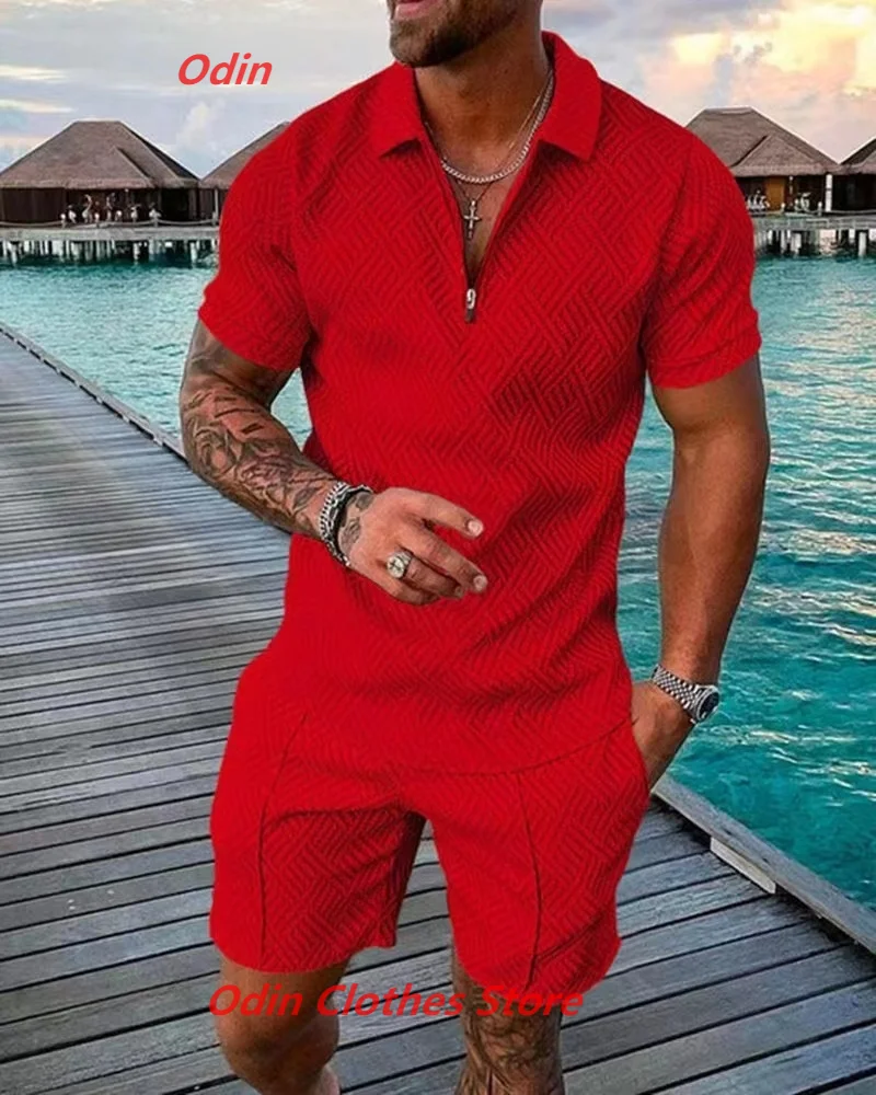 Summer New Men\'s Solid Color Polo Shirt Suit Men\'s Slim Short Sleeve Jogging Zipper Short Top Sports Suit Two-Piece Set