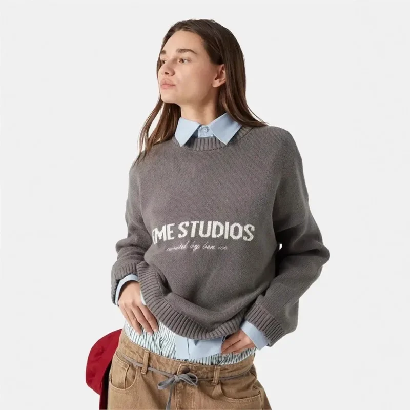 루즈핏 스웨터 신상 패션 노란색 레터링 자카드 니트 스웨터 여성 캐주얼 O넥 풀오버 탑 겨울 데일리 스트릿