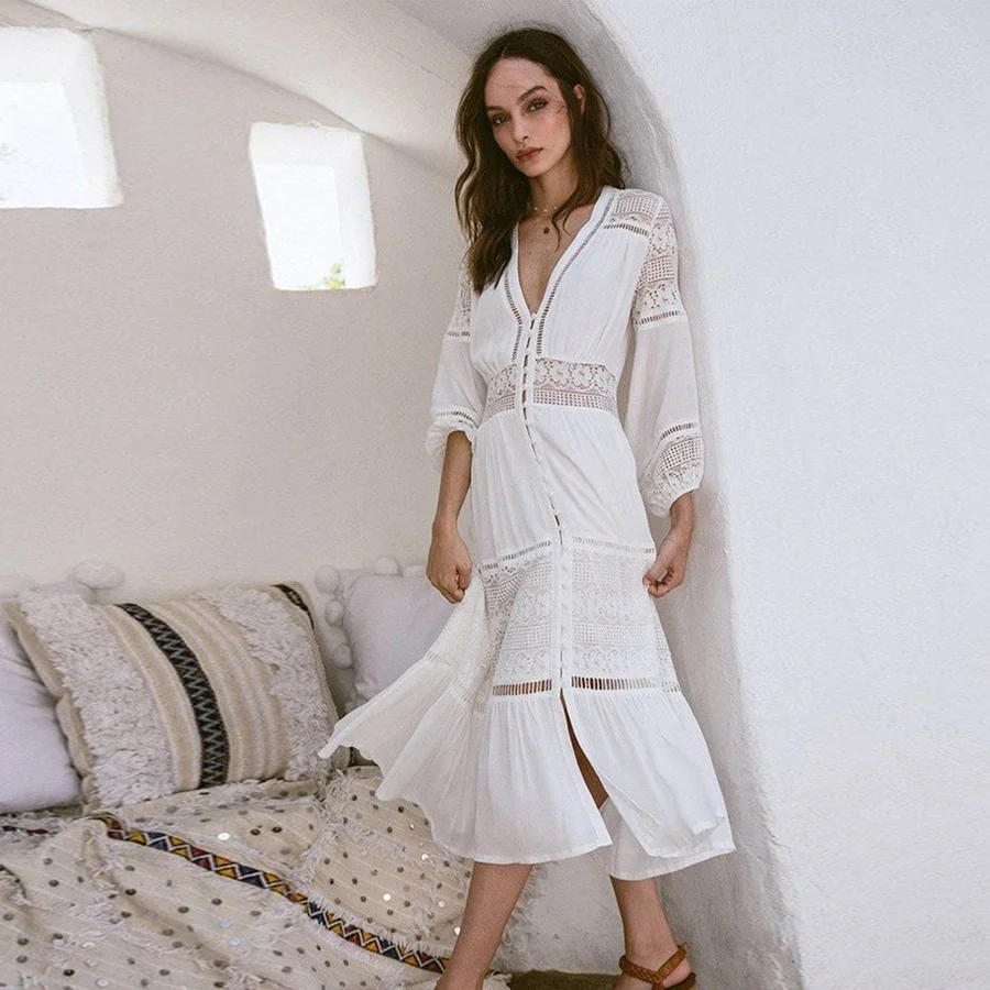 Pouvez-vous psyLady-Robe d'été en coton blanc, col en v, style Boho, dentelle, boutons insérés, mi-longue, manches 3/4, décontractée, nouvelle collection