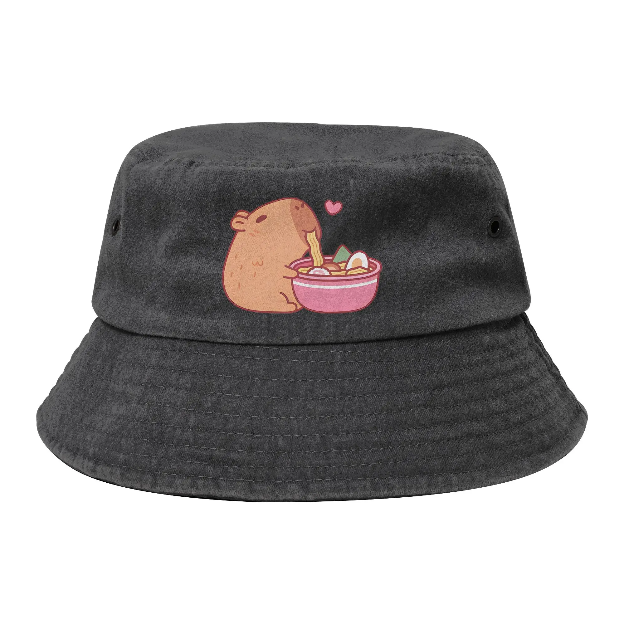 Niedliche Capybara-Essen-in-Ramen-Mütze, Unisex Outdoor Distressed Washed Fischerhut, Frühlings-Picknick-Kopfbedeckung, Bob-Hut