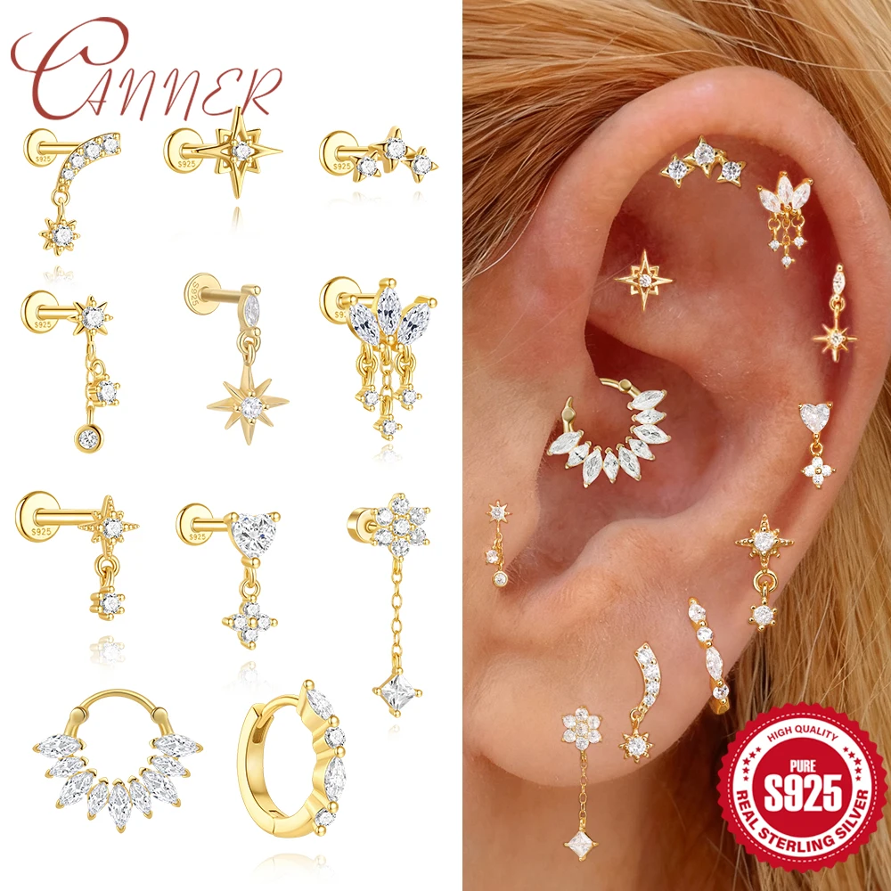 CANNER 925 sterling Silver Star Tassel Design Stud Earrings For Women 18K Gold Flat Head Threaded Ear Bone Daily Fine Jewelry