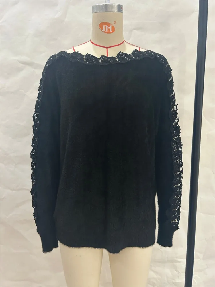 

Female Sexy Lace Splicing Knitted Sweater Fashion Solid Color One-line Collar Loose Sweaters Autumn Winter Lady Elegant Pullover