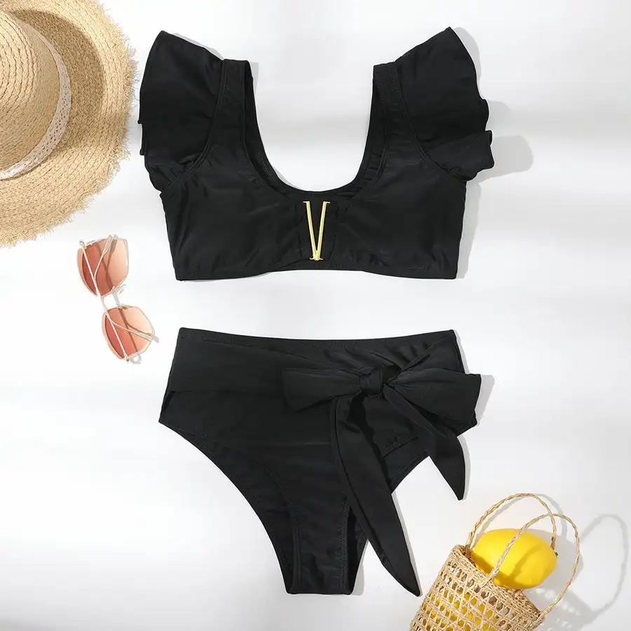 Monochrome Ruffle Bikini Set For Women Black High Waist Swimwear  2023 Fashion  2 Piece  Beach Exit  Backless  Luxury  Biquini