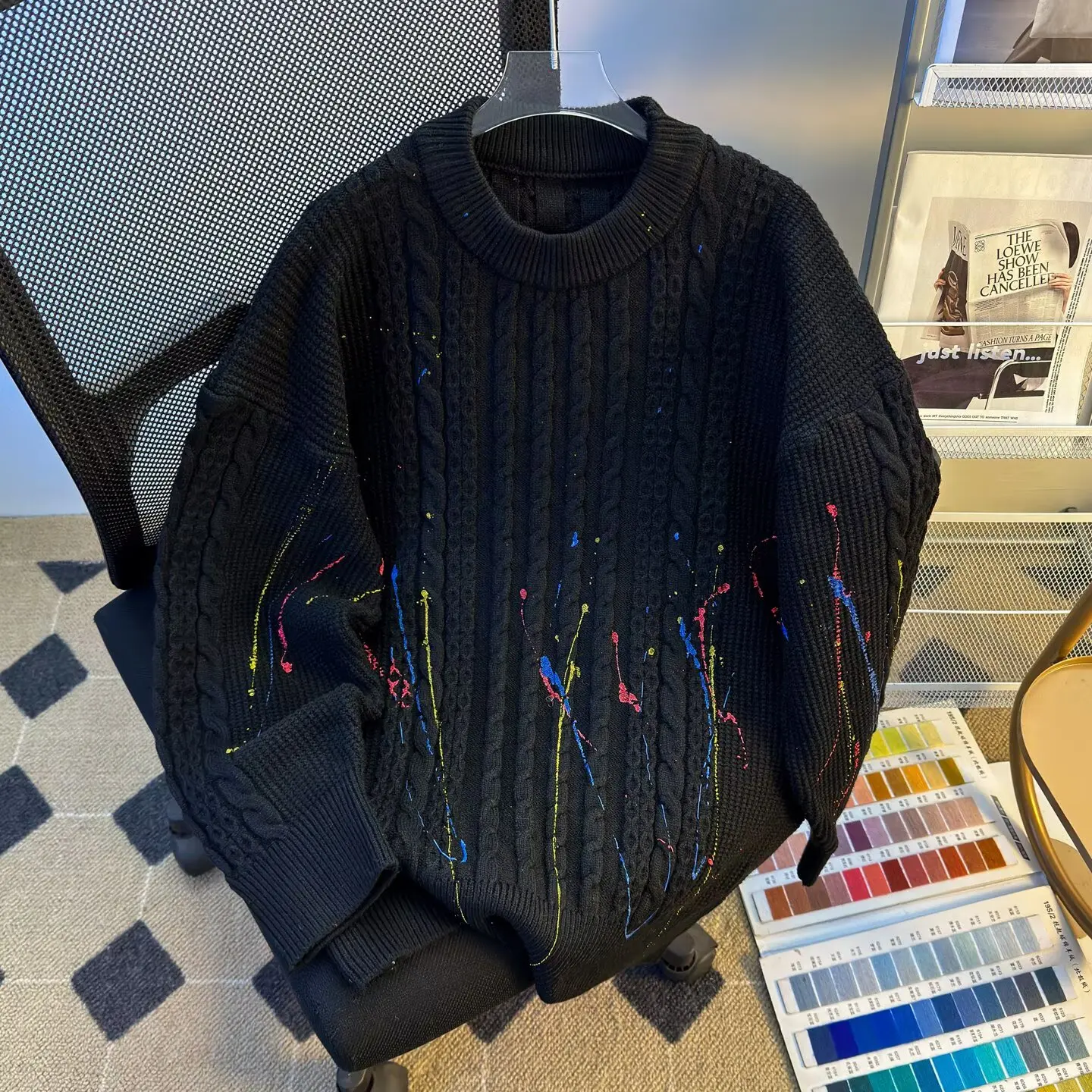 

Мужской джинсовый джинсовый свитер большого размера в клетку, осень-зима, дизайн с отверстиями, американский вязаный свитер из полиэстера и волокна, длинный све