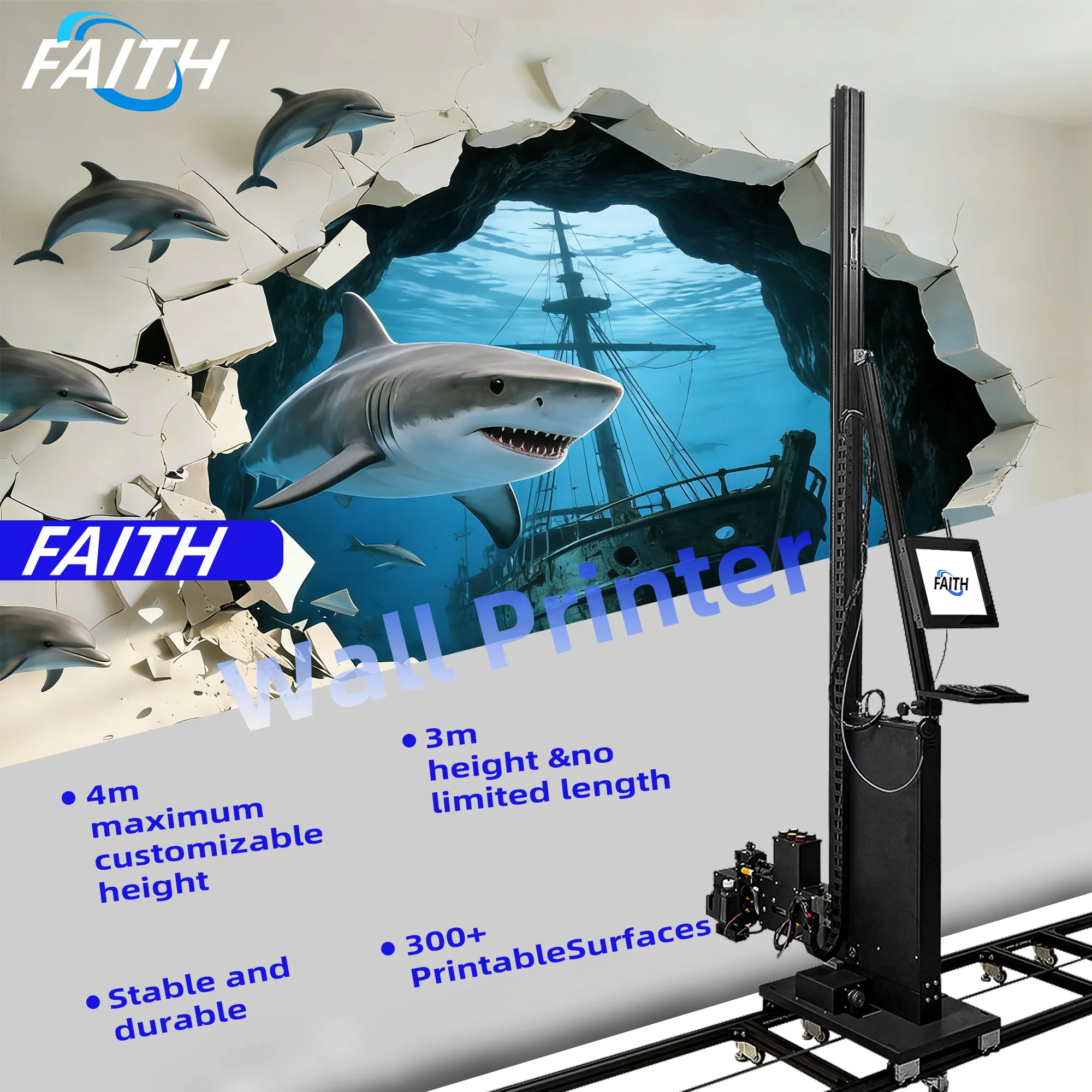 Faith KD260-5 Portable 3D Wall Mural Printing Machine High Precision UV Ink Wall Art Printer for Indoor Outdoor Adverti