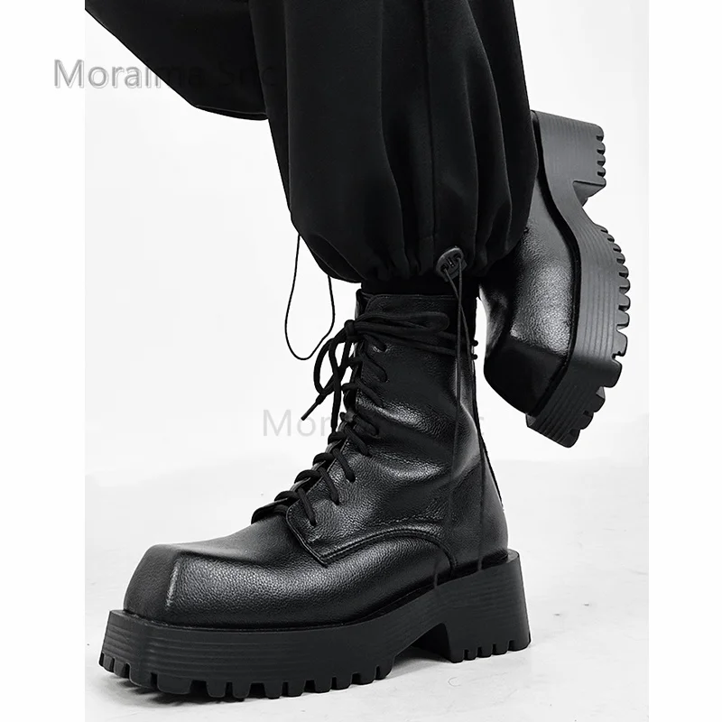 British Style Square Toe Ankle Boots Men's Thick Bottom Lace Up Chelsea Boot Black Thick Bottom Women's Boots Couple Shoes