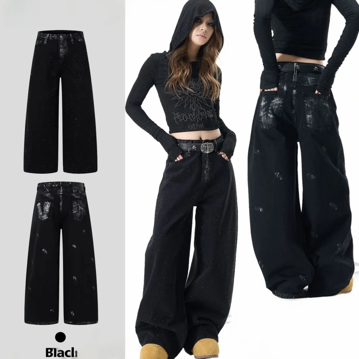 2026 Nova Calça Jeans de Luxo Unissex com Estampa de Tinta e Strass Brilhantes, Estilo Urbano Casual de Alta Qualidade