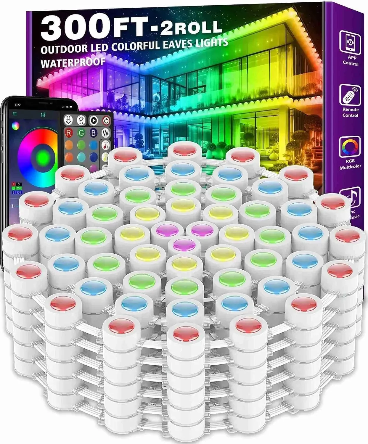 300FT Permanent Outdoor RGB Lights - IP67 Waterproof with Smart App Control Remote,DIY Scene Modes, Music