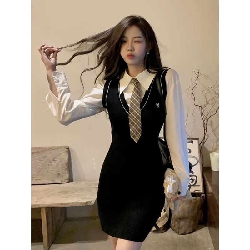 

Chic Shoulder Strap Dress Women's Elegant Short Skirt Bodycon Style Autumn Winter New Arrival Fashionable College Style Dress