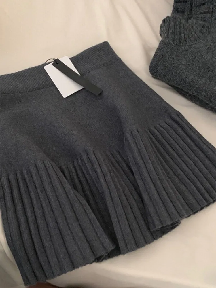 Korean Sle Gray High-Grade Elastic Waist Pleated Skirt Women's Autumn and Winter New Casual All-matching Knitted A Word Sho...