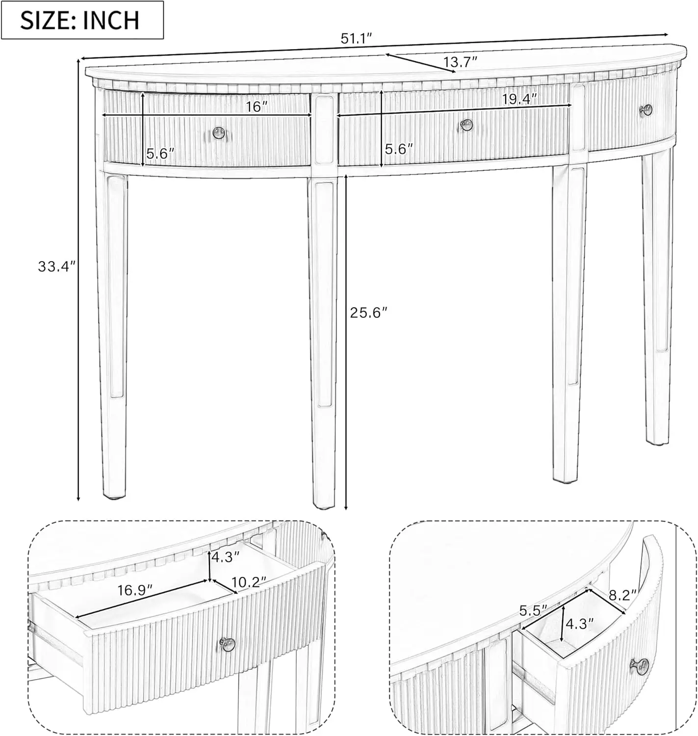 Modern Half-Moon Sofa Console Table with 3 Storage Drawers, Wooden Entryway Hallway Foyer Table