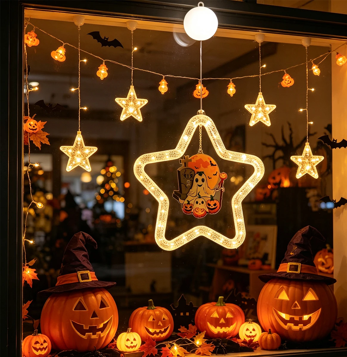 Warm White Star Shaped Halloween Window LED Light, Suction Cup Decor Lamp for Indoor Wall Home Halloween Party Decoration