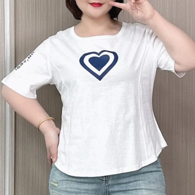 Love Print Irregular Short Sleeve T-shirt Women 2024 Summer New Plus Size Casual Cotton Tees