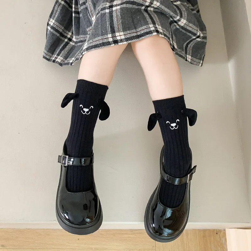 3 Pairs of Children\'s Cute Puppy Ins Series Trend Three-dimensional Ears Boys and Girls Spring and Autumn Cotton Mid-tube Socks